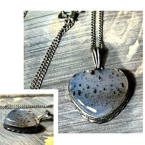 🖤 Dalmation Black Spotted Quartz Heart Sterling Silver Pendant Chain Necklace